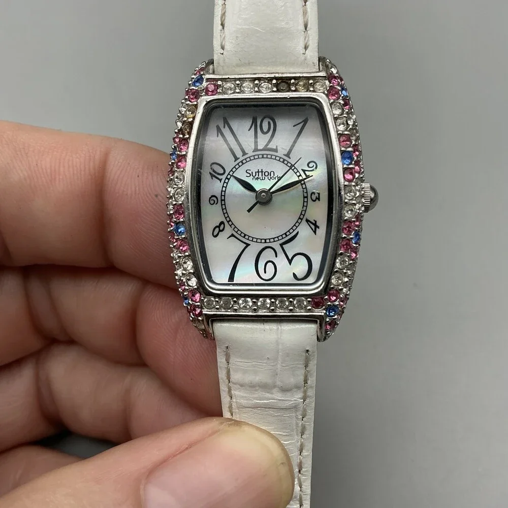 Sutton New York Womens Watch 23mm MOP Dial Crystals Leather Strap New Battery